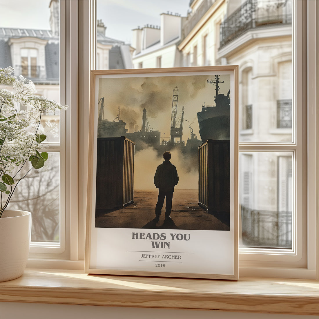 Heads You Win Book Cover Poster by Jeffrey Archer – framed print by a bright window