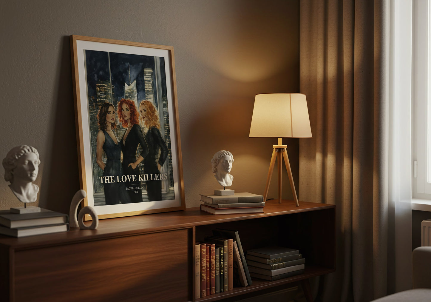 The Love Killers watercolour print on bookshelf – Jackie Collins fan gift