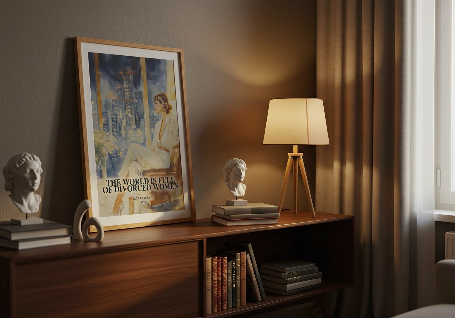 The World Is Full Of Divorced Women watercolour print on bookshelf – Jackie Collins fan gift