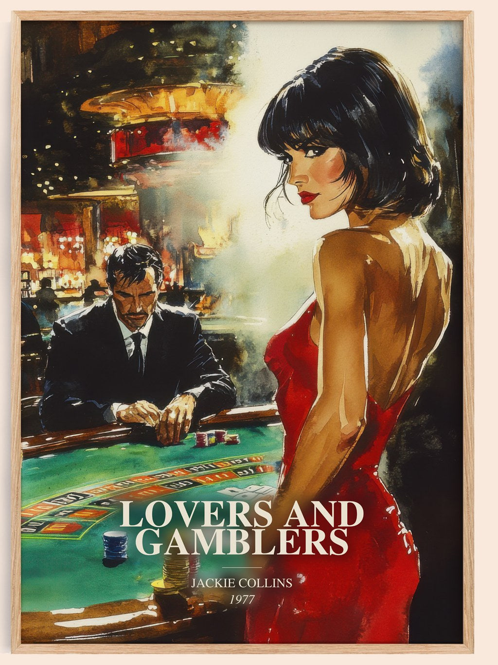Lovers And Gamblers watercolour book poster by Jackie Collins – framed literary art print