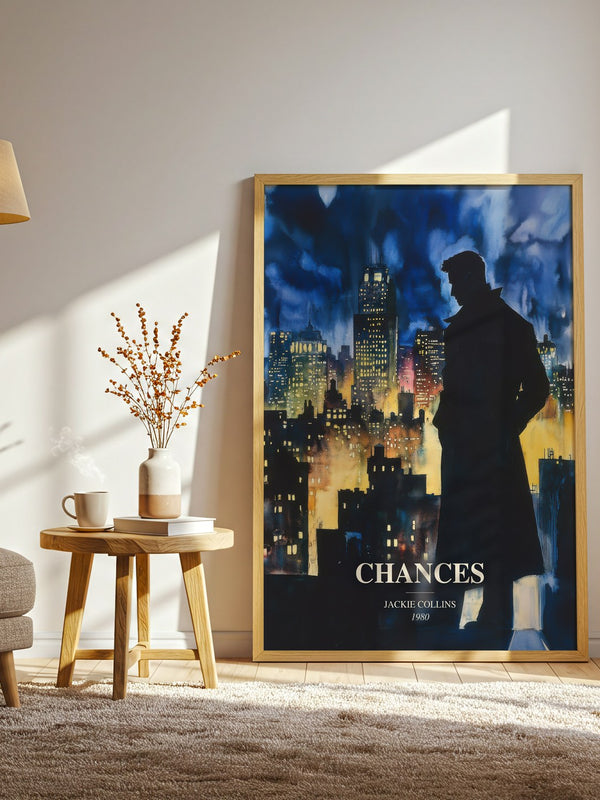 Chances watercolour print in frame leaning in hallway – contemporary fiction wall art