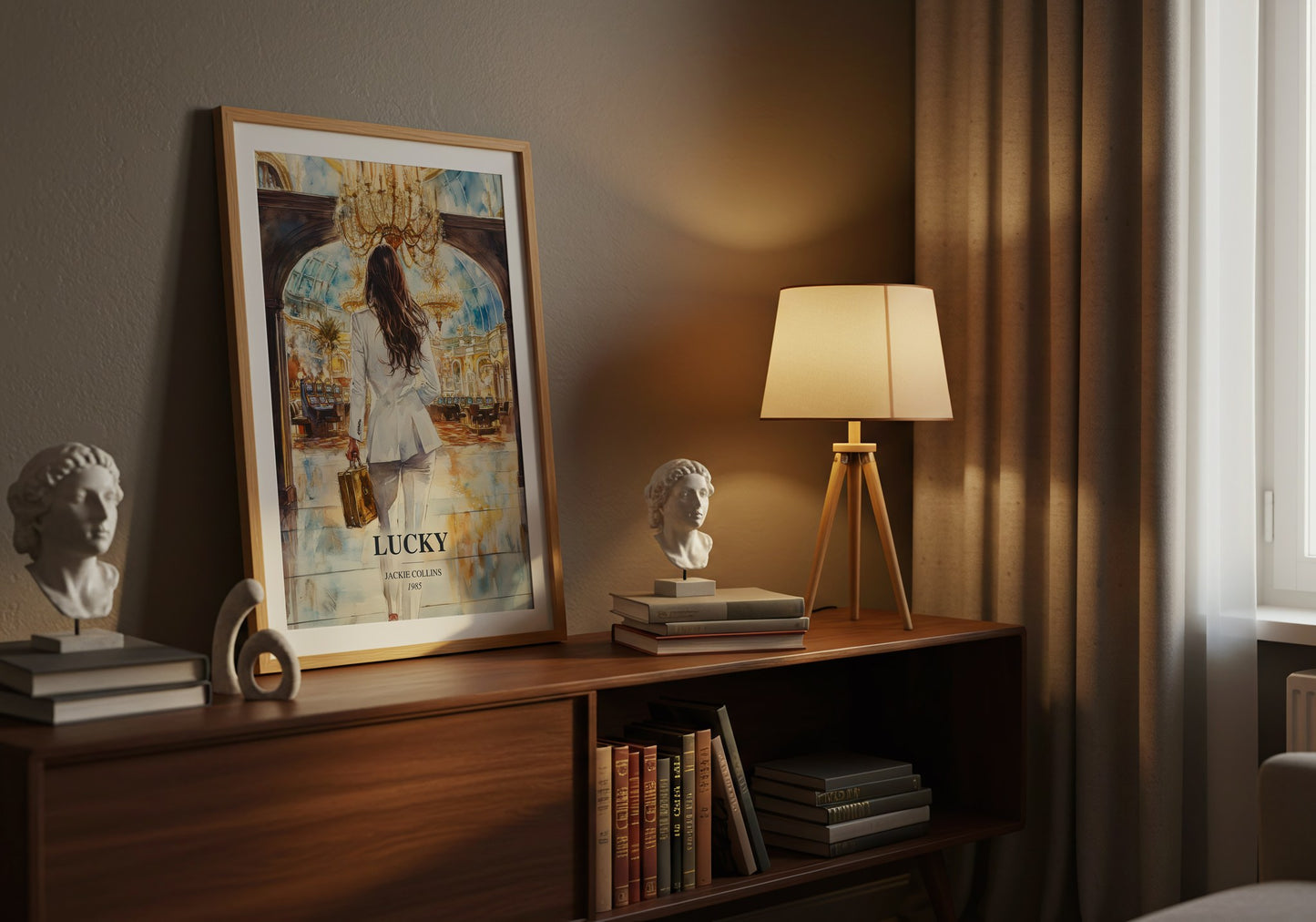 Lucky watercolour print on bookshelf – Jackie Collins fan gift