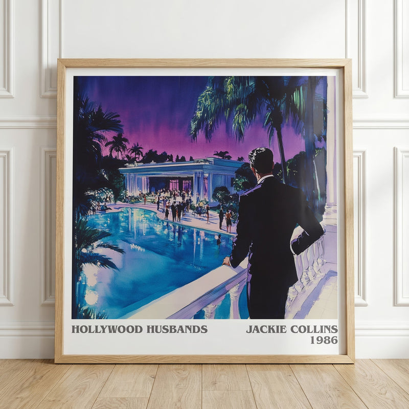 Hollywood Husbands literary print in frame leaning in hallway – romance wall art