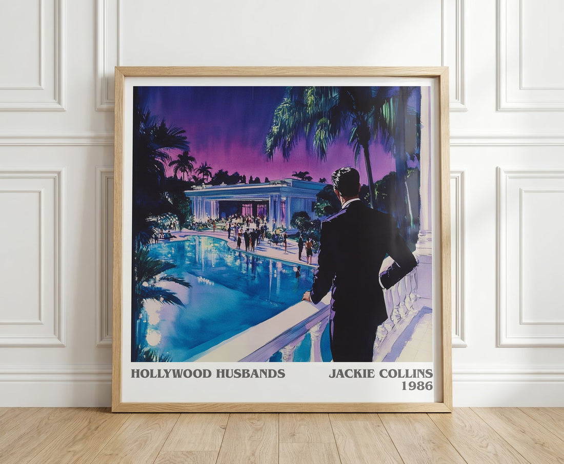 Hollywood Husbands literary print in frame leaning in hallway – romance wall art (mockup)