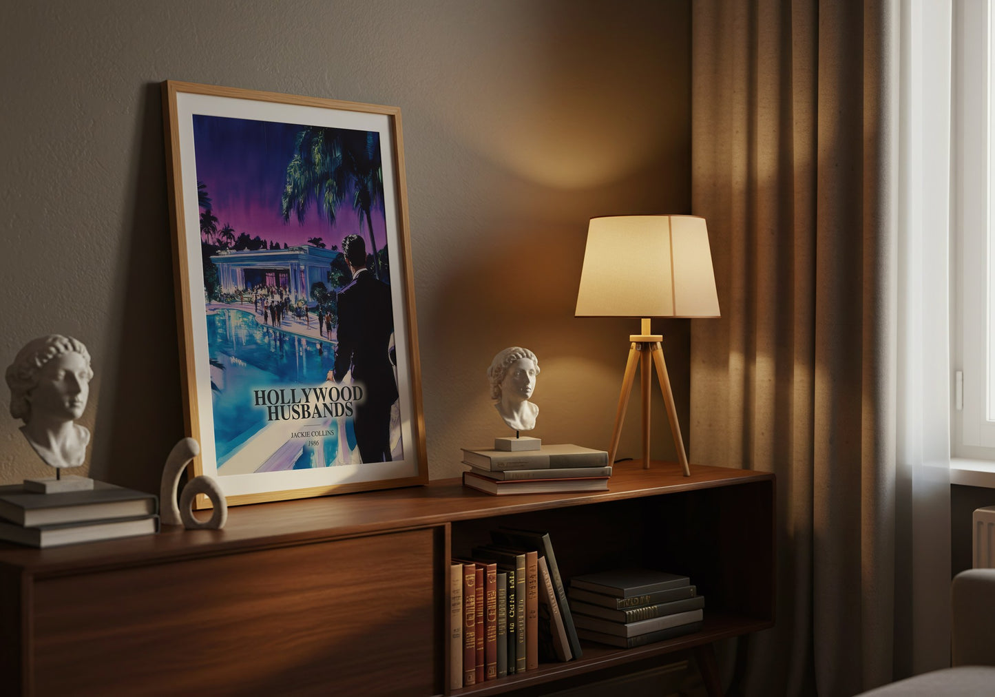 Hollywood Husbands watercolour print on bookshelf – Jackie Collins fan gift