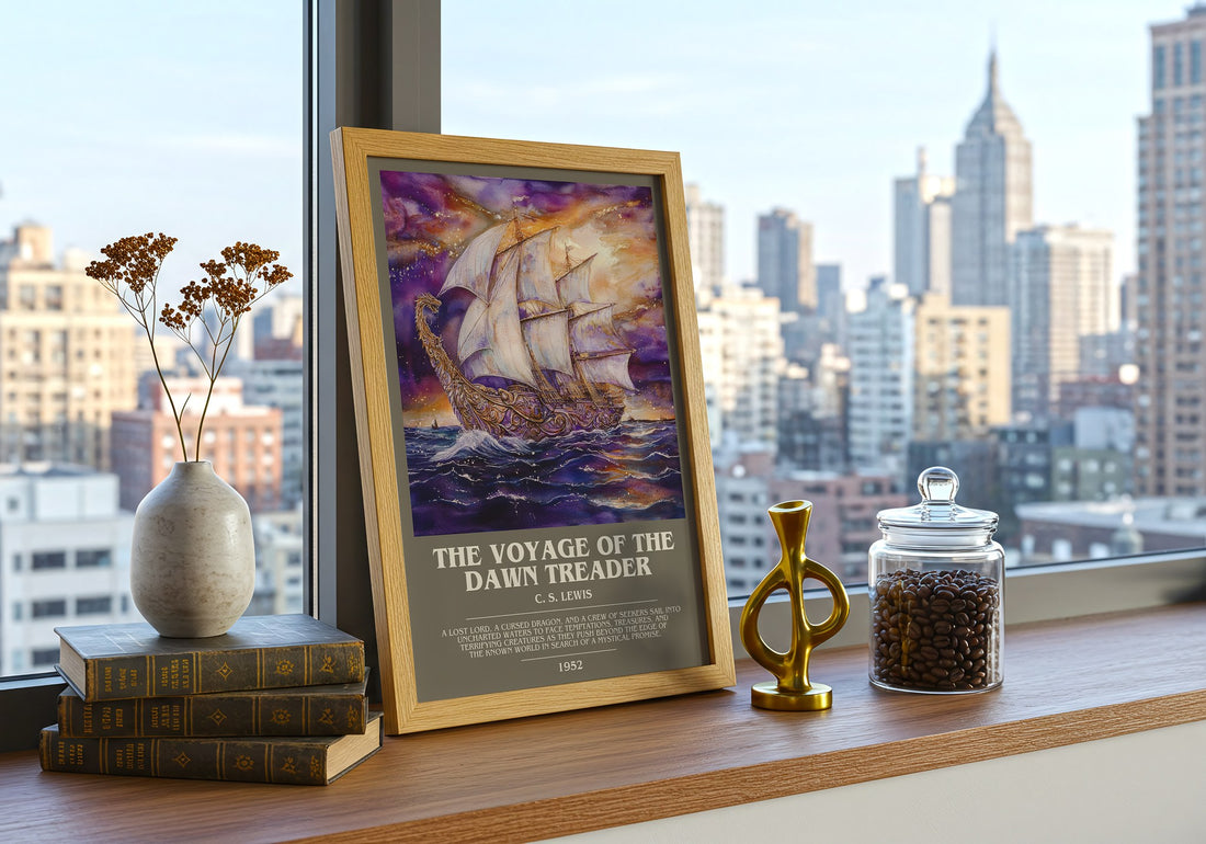 The Voyage of the Dawn Treader Bookish Wall Art by C. S. Lewis – framed print on a city-view windowsill