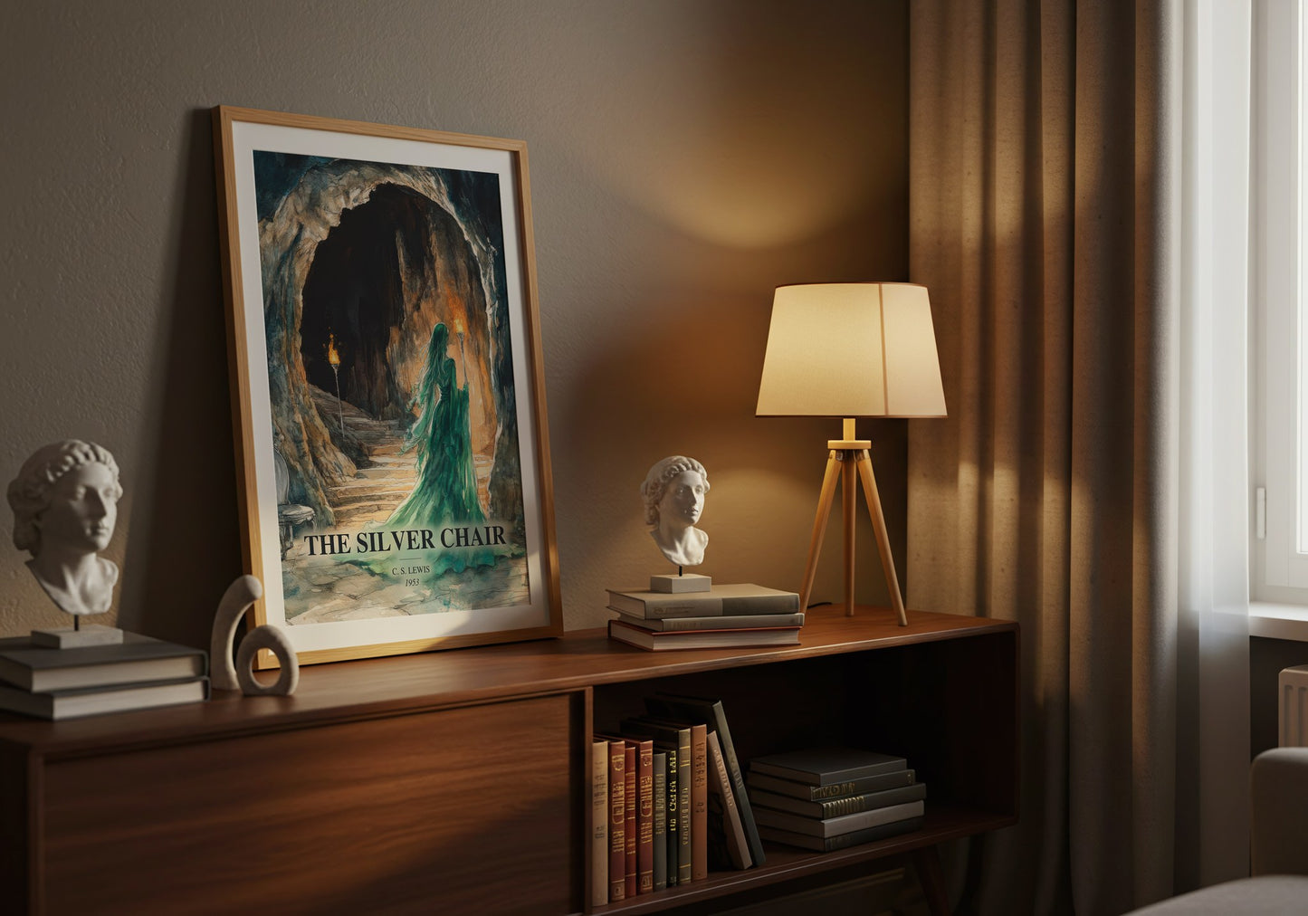 The Silver Chair watercolour print on bookshelf – C. S. Lewis fan gift