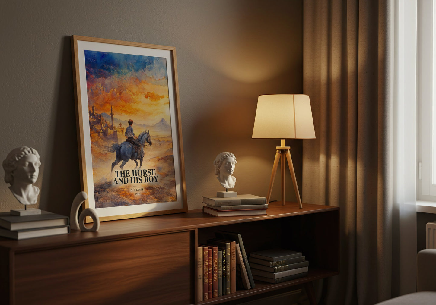 The Horse And His Boy watercolour print on bookshelf – C. S. Lewis fan gift