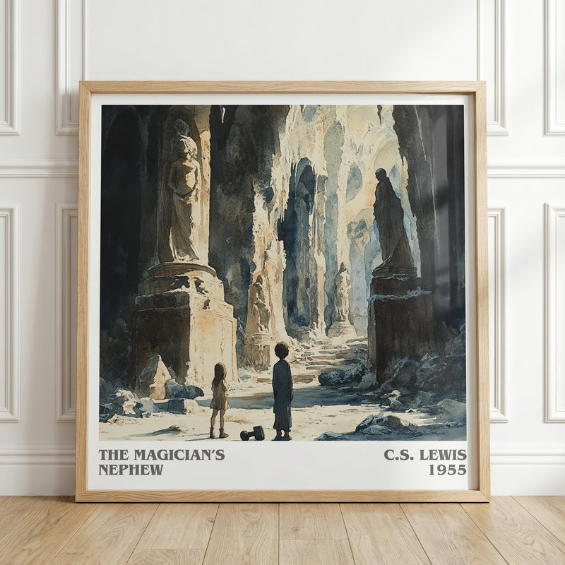 The Magician's Nephew literary print in frame leaning in hallway – childrens wall art