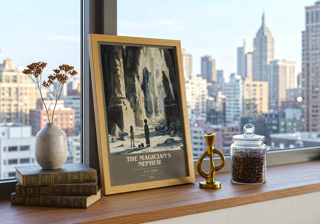 The Magician's Nephew Book Cover Poster by C. S. Lewis – framed print on a city-view windowsill
