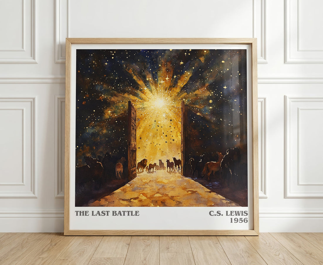 The Last Battle literary print in frame leaning in hallway – childrens wall art (mockup)