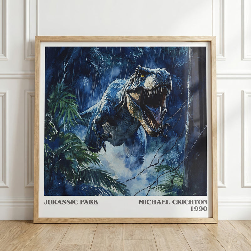 Jurassic Park literary print in frame leaning in hallway – sci fi wall art