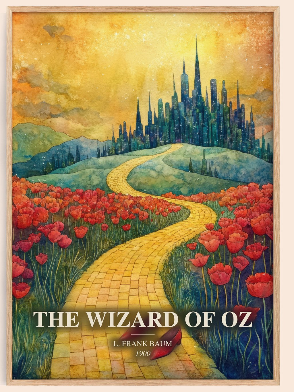The Wizard Of Oz watercolour book poster by L. Frank Baum – framed literary art print