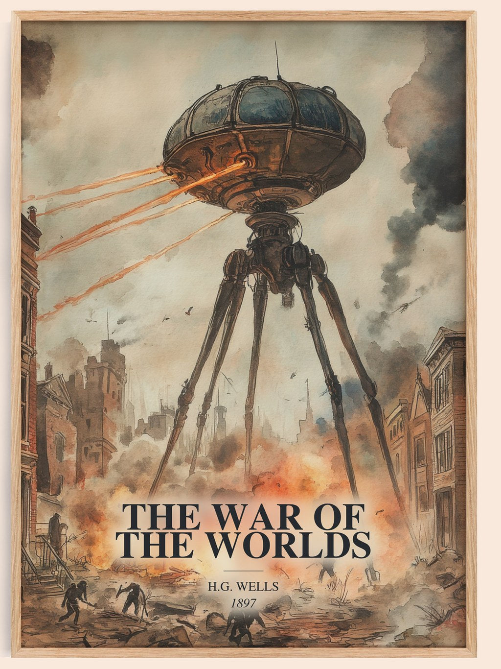 The War Of The Worlds watercolour book poster by H.G. Wells – framed literary art print