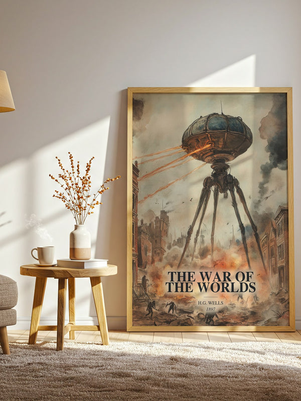 The War Of The Worlds watercolour print in frame leaning in hallway – sci fi wall art