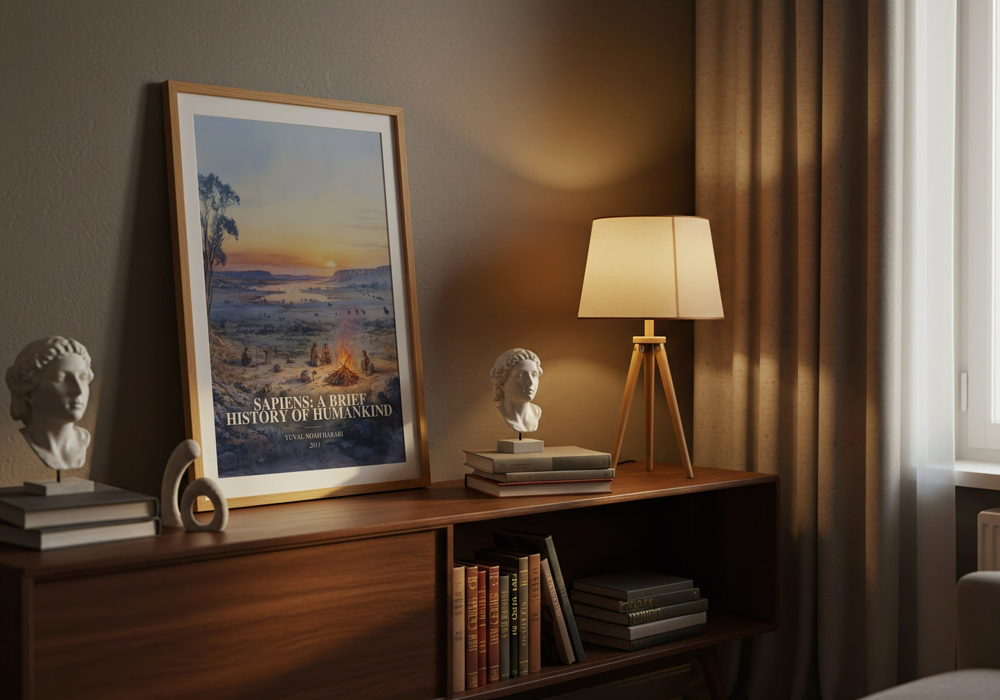 Sapiens: A Brief History Of Humankind watercolour print on bookshelf – Yuval Noah Harari fan gift