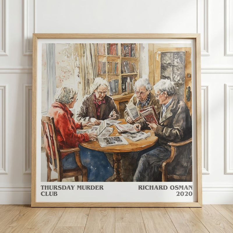 Thursday Murder Club literary print in frame leaning in hallway – crime wall art