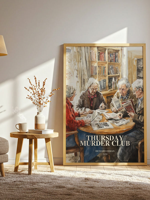 Thursday Murder Club watercolour print in frame leaning in hallway – mystery wall art