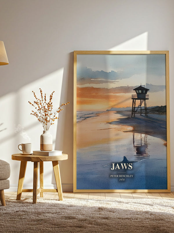 Jaws watercolour print in frame leaning in hallway – thriller wall art