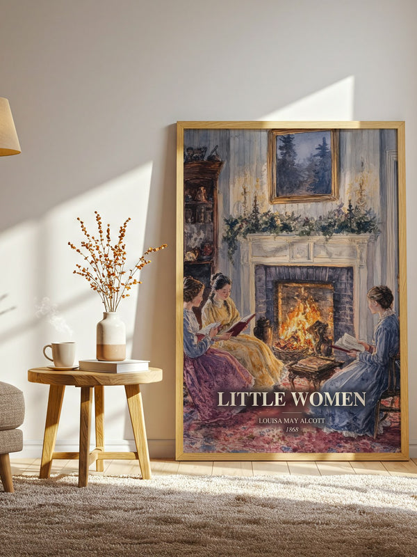 Little Women watercolour print in frame leaning in hallway – classic literature wall art