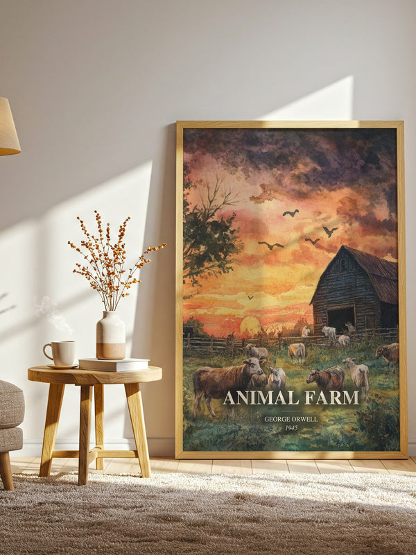 Animal Farm watercolour print in frame leaning in hallway – satire wall art