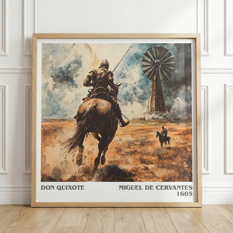Don Quixote literary print in frame leaning in hallway – classic literature wall art