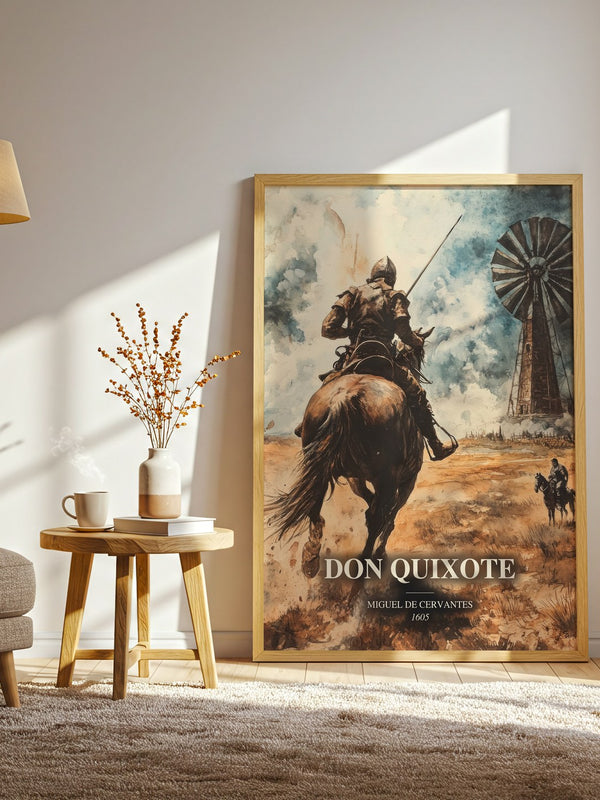 Don Quixote watercolour print in frame leaning in hallway – classic literature wall art