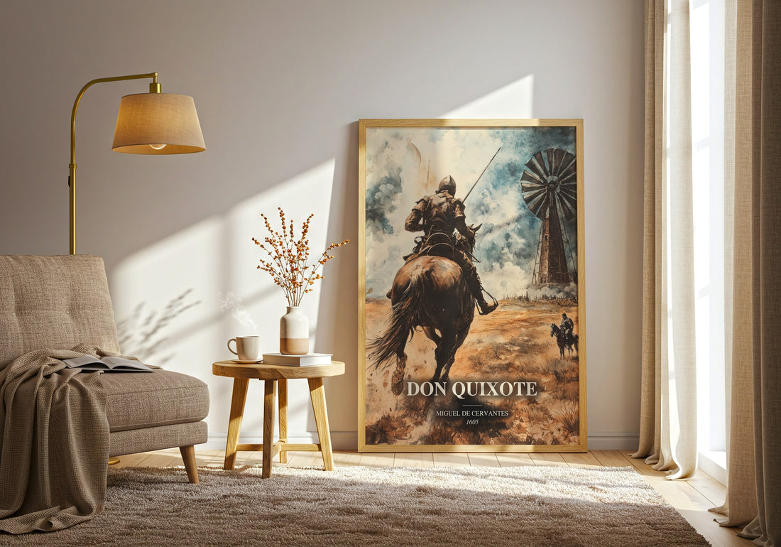 Don Quixote watercolour print in frame leaning in hallway – classic literature wall art (mockup)