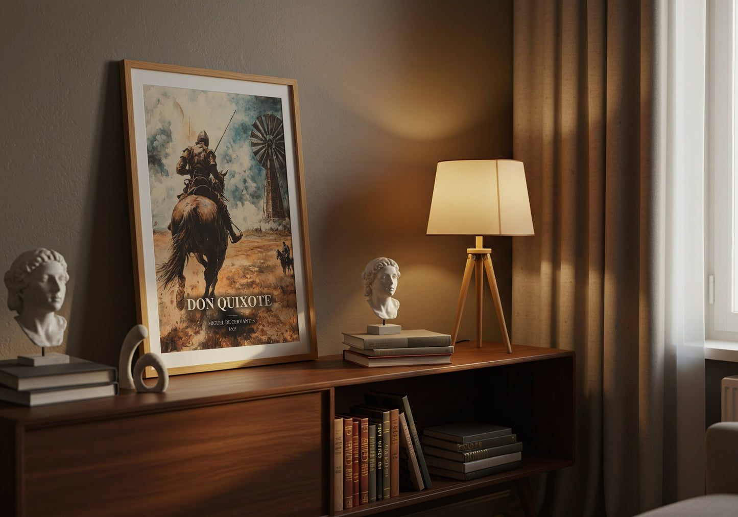 Don Quixote watercolour print on bookshelf – Miguel De Cervantes fan gift