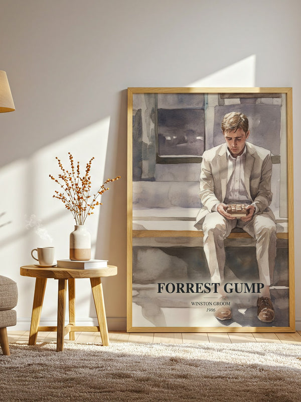 Forrest Gump watercolour print in frame leaning in hallway – contemporary fiction wall art