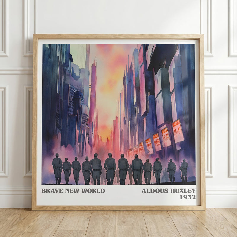 Brave New World literary print in frame leaning in hallway – dystopian wall art