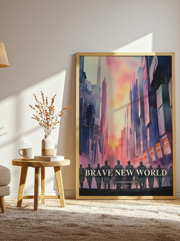 Brave New World watercolour print in frame leaning in hallway – dystopian wall art