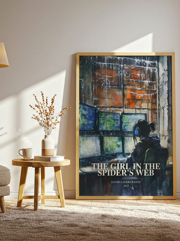The Girl In The Spider'S Web watercolour print in frame leaning in hallway – thriller wall art