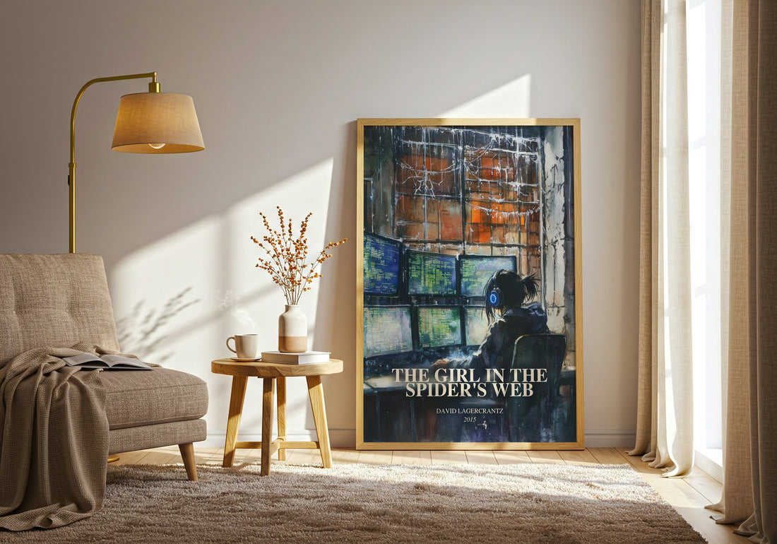 The Girl In The Spider'S Web watercolour print in frame leaning in hallway – thriller wall art (mockup)