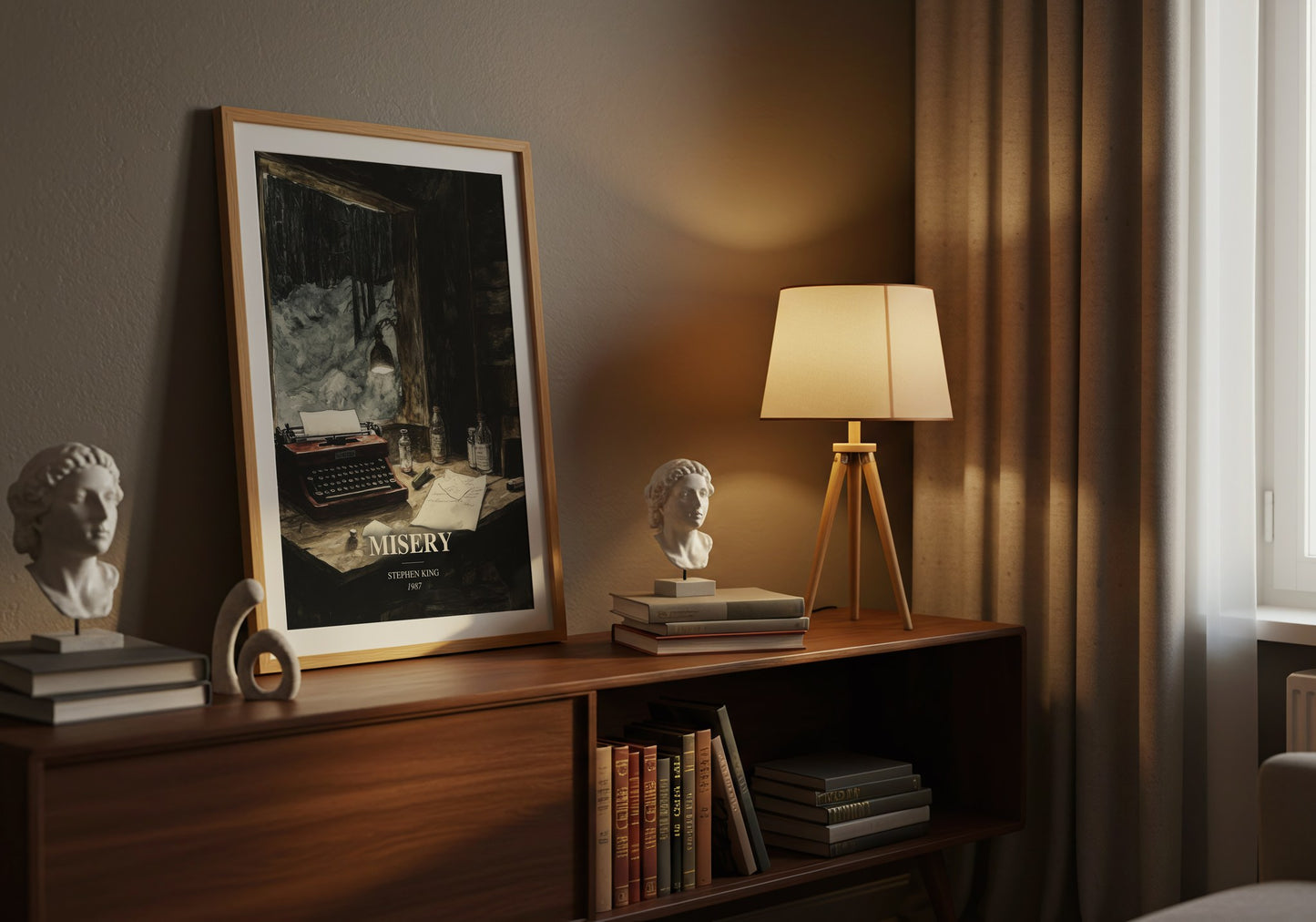Misery watercolour print on bookshelf – Stephen King fan gift