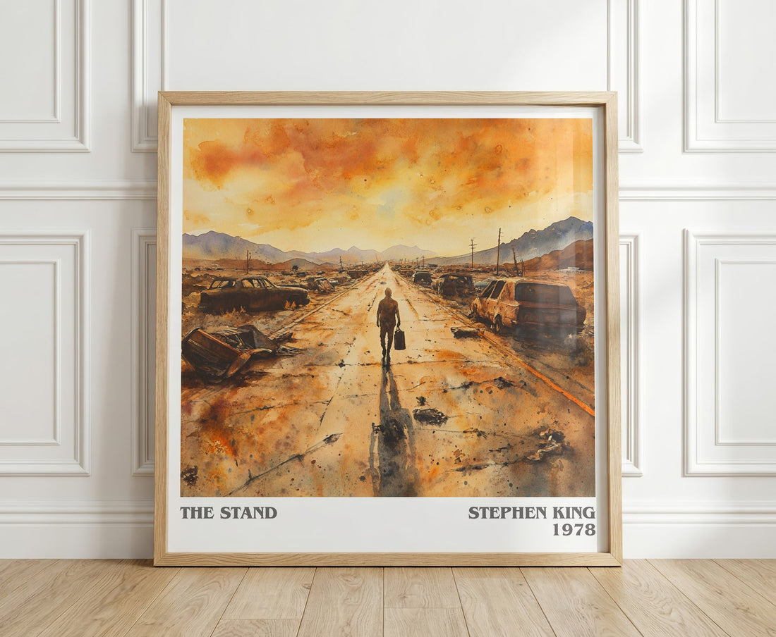 The Stand literary print in frame leaning in hallway – horror wall art (mockup)
