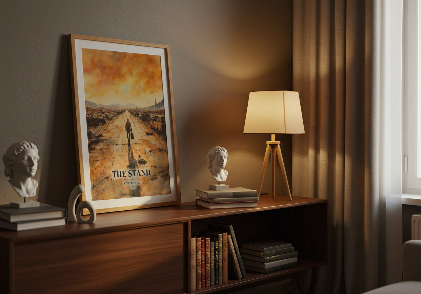 The Stand watercolour print on bookshelf – Stephen King fan gift