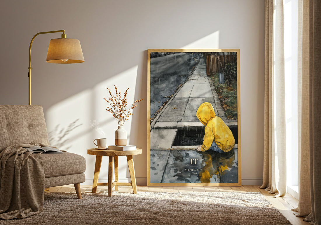 It watercolour print in frame leaning in hallway – horror wall art (mockup)