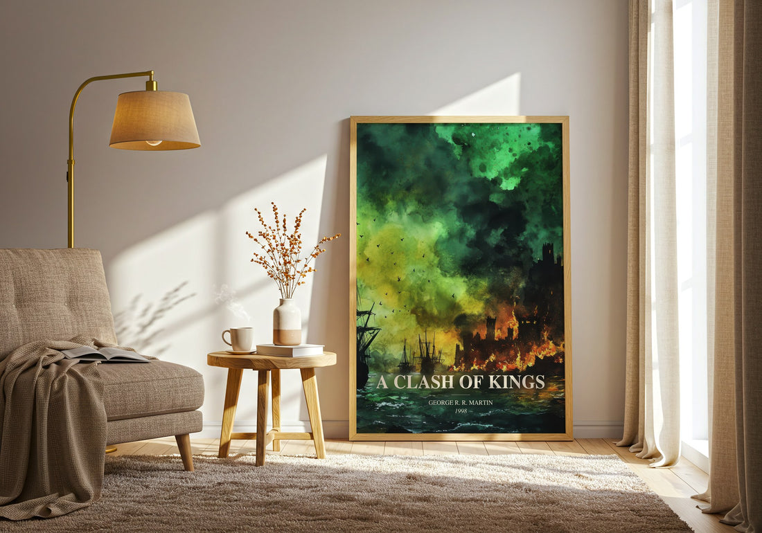 A Clash Of Kings watercolour print in frame leaning in hallway – fantasy wall art (mockup)