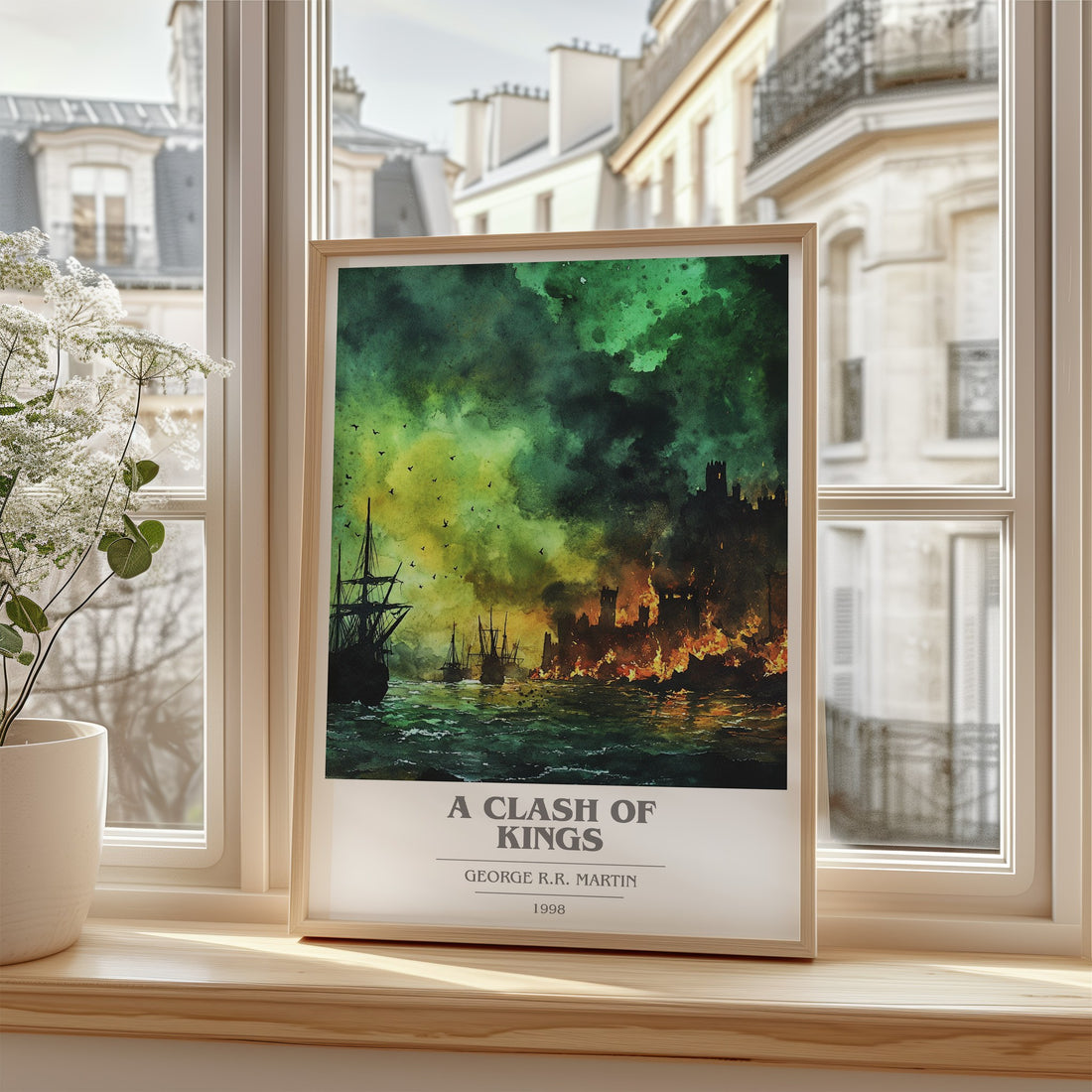 A Clash of Kings Book Cover Poster by George R. R. Martin – framed print by a bright window