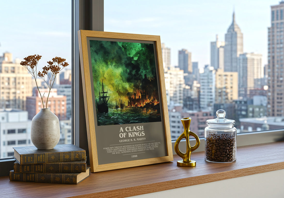 A Clash of Kings Bookish Wall Art by George R. R. Martin – framed print on a city-view windowsill
