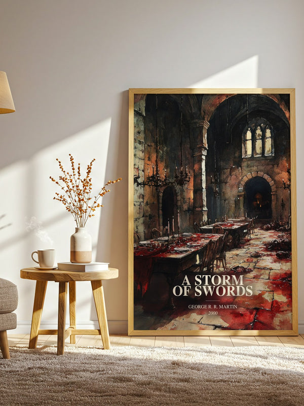 A Storm Of Swords watercolour print in frame leaning in hallway – fantasy wall art