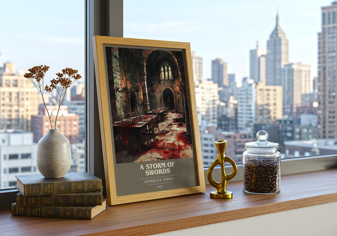 A Storm of Swords Book Cover Poster by George R. R. Martin – framed print on a city-view windowsill
