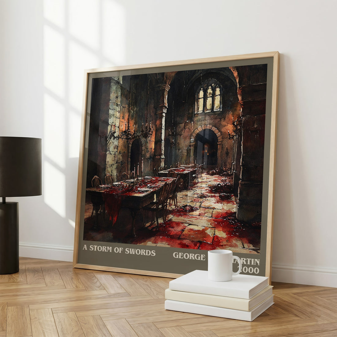 A Storm of Swords Literary Art Print by George R. R. Martin – large square framed print leaning against a wall