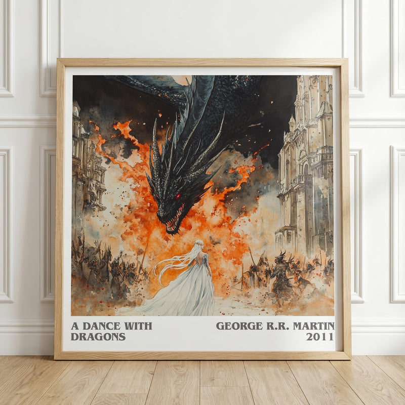 A Dance With Dragons literary print in frame leaning in hallway – fantasy wall art