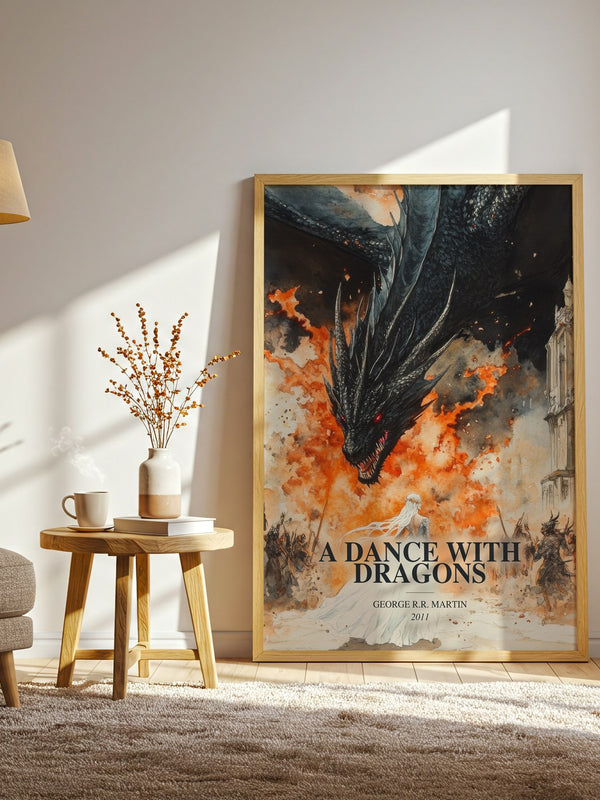 A Dance With Dragons watercolour print in frame leaning in hallway – fantasy wall art