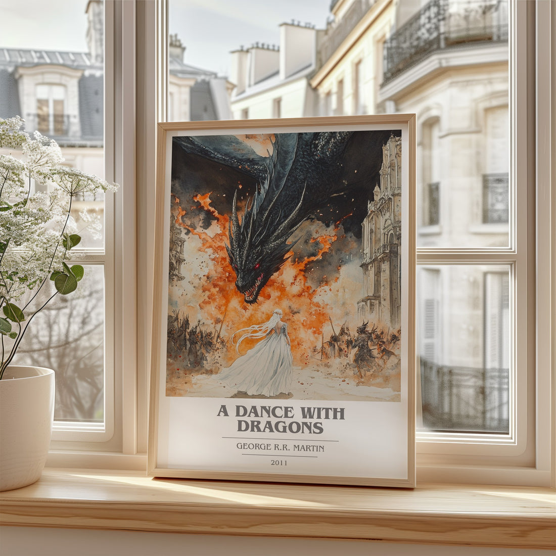 A Dance With Dragons Book Cover Poster by George R.R. Martin – framed print by a bright window