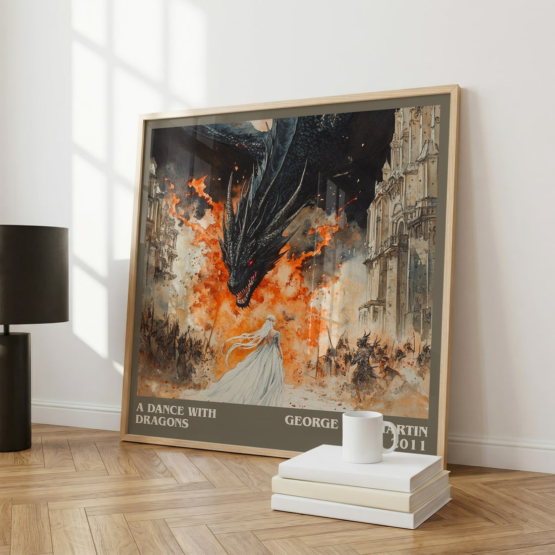 A Dance With Dragons Literary Art Print by George R.R. Martin – large square framed print leaning against a wall