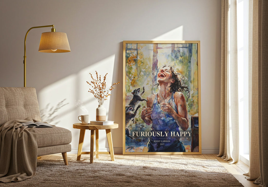 Furiously Happy watercolour print in frame leaning in hallway – memoir wall art (mockup)
