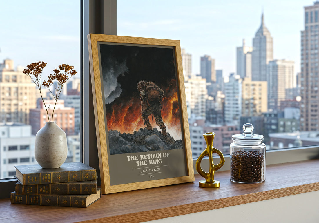 The Return Of The King Book Cover Poster by J.R.R. Tolkien – framed print on a city-view windowsill